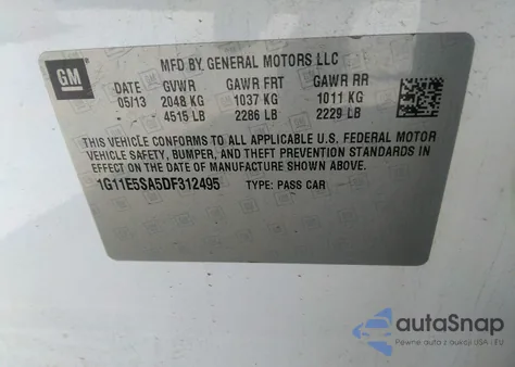 2013 Chevrolet Malibu 2Lt z USA, uszkodzony, nr VIN 1G11E5SA5DF312495